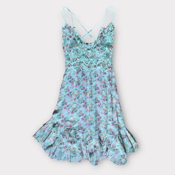 Free People One Adella Asymmetrical Slip Lace Ruffle Flowy Dress in Blue sz Med - Picture 5 of 12